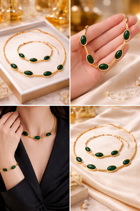 Oval Green Crystal Pendant Necklace & Bracelet Jewelry Set