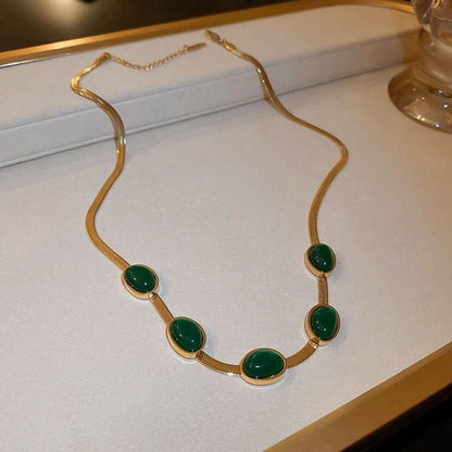 Oval Green Crystal Pendant Necklace & Bracelet Jewelry Set