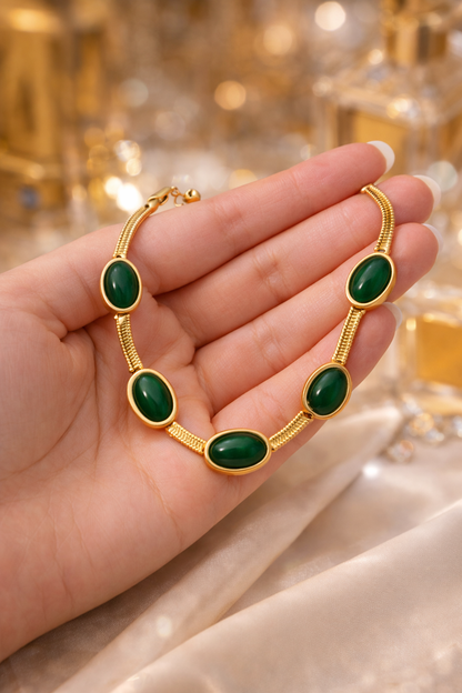 Oval Green Crystal Pendant Necklace & Bracelet Jewelry Set