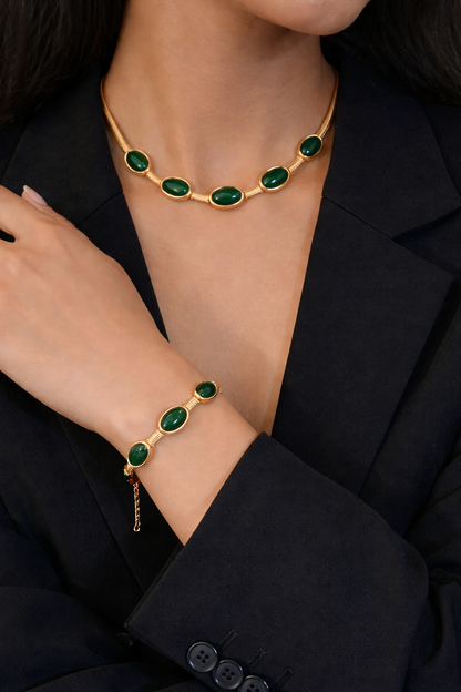Oval Green Crystal Pendant Necklace & Bracelet Jewelry Set