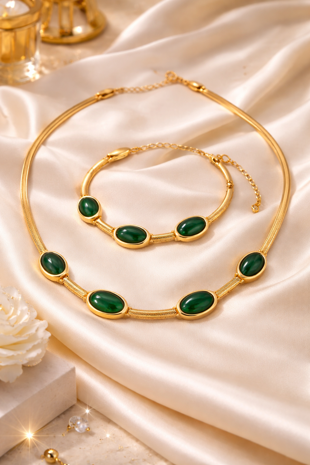 Oval Green Crystal Pendant Necklace & Bracelet Jewelry Set